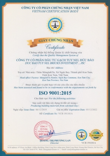 Công ty Cổ phần Đầu tư Gạch Tuy Nel Đức Bảo vinh dự đón nhận chứng nhận ISO 9001:2015