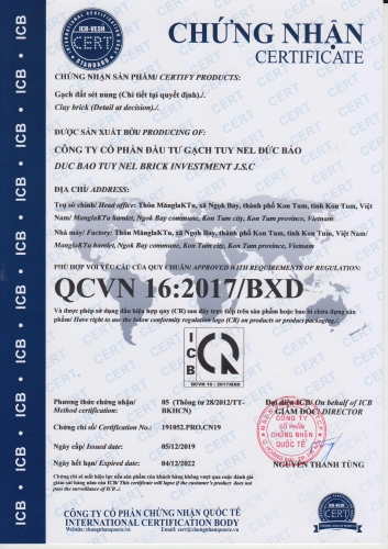 CÔNG TY CỔ PHẦN ĐẦU TƯ GẠCH TUY NEL ĐỨC BẢO VINH DỰ ĐÓN NHẬN CHỨNG NHẬN HỢP QUY GẠCH ĐẤT SÉT NUNG